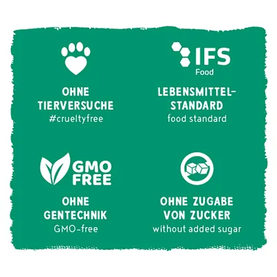 Ohne Tierversuche, IFS Lebensmittelstandard, ohne Gentechnik, ohne Zugabe von Zucker. #crueltyfree, food standard, GMO-free, without added sugar.