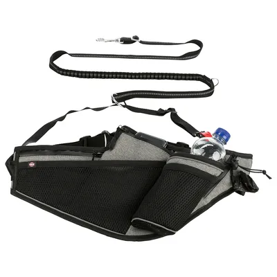 Grauer und schwarzer Laufgürtel mit Taschen für Wasserflasche, Handy und Zubehör sowie einer elastischen Hundeleine mit Karabinerhaken.