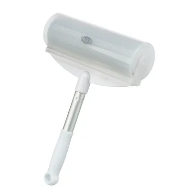 Trixie lint roller with white handle and metal rod, ideal for removing pet hair from textiles.