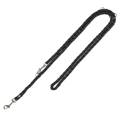 Schwarze geflochtene Hundeleine mit zwei Metallkarabinern und verstellbarer Länge.