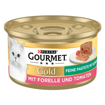 Purina Gourmet Gold Feine Pastete mit Forelle und Tomaten, Katzenfutter in einer goldenen Dose.