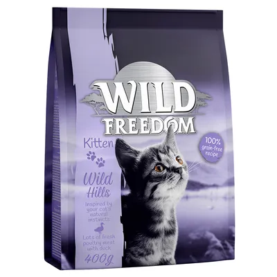 Wild Freedom Kitten Wild Hills kattenvoer, 100% grain-free recipe, lots of fresh poultry meat with duck, 400g. Paarse verpakking met afbeelding van kitten.