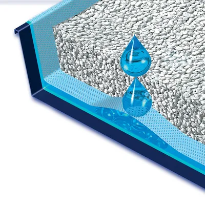 Diagram showing liquid being absorbed by a layer of granules in a tray, illustrating absorption or moisture control feature.