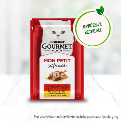 Purina Gourmet Mon Petit intense s hovězím a kuřecím. Text: NAVRŽENO K RECYKLACI. With beef and chicken, au boeuf et au poulet, con manzo e pollo, mit rind und huhn, met rund en kip, con buey y pollo.