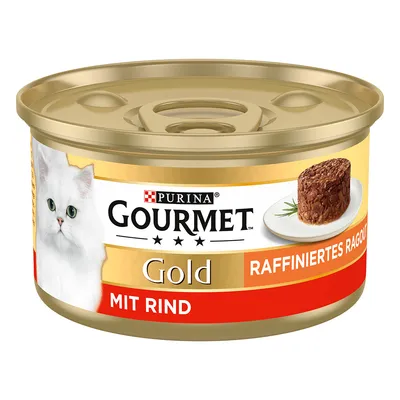 Purina Gourmet Gold Raffiniertes Ragout с говеждо, котешка храна в златна кутия с изображение на бял котарак и сервирано рагу.