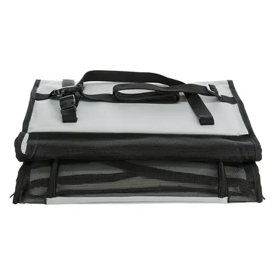 Foldable carrier bag with mesh fabric and carrying handle, black-grey.