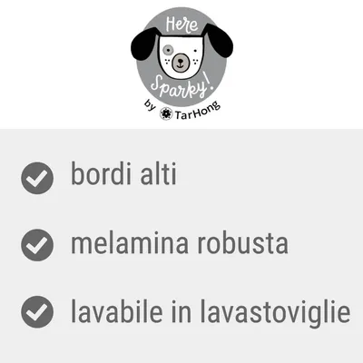 Here Sparky by TarHong. Bordi alti, melamina robusta, lavabile in lavastoviglie.