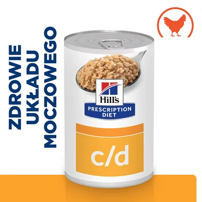 Hill's Prescription Diet c/d, puszka karmy z widoczną zawartością na łyżce, tekst: ZDROWIE UKŁADU MOCZOWEGO, symbol kurczaka w rogu.