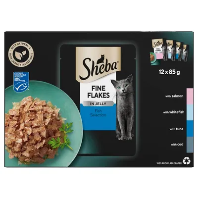 Sheba Fine Flakes in Jelly Fish Selection, 12 x 85g. Includes salmon, whitefish, tuna and cod varieties. Certified sustainable seafood. Made with natural, high quality ingredients.