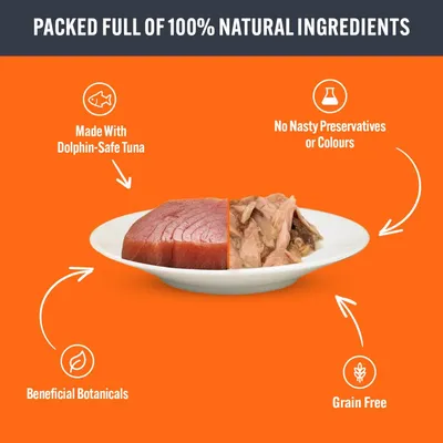 Product features: made with dolphin-safe tuna, no nasty preservatives or colours, beneficial botanicals, grain free, packed full of 100% natural ingredients.