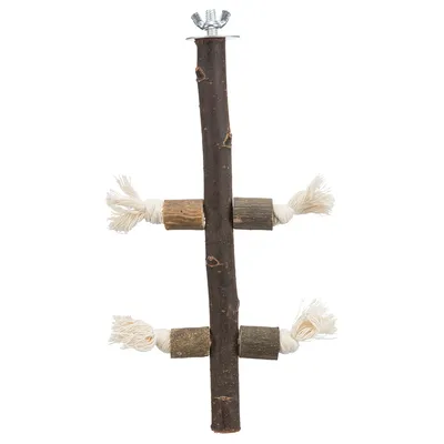 Wooden toy with three crossbars made of natural wood and cotton ropes, attached with a metal holder at the top.