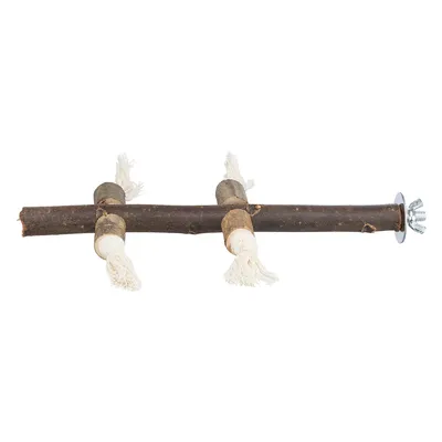 Wooden rod with two rope ends and metal attachment, suitable for cage mounting.