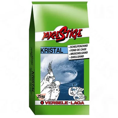 Sachet de 25 kg Versele-Laga Prestige Kristal fond de cage, texte visible : Schelpenzand, Muschelsand, Shellsand, illustration d’oiseaux et schéma avec 15 %, 75 %, 10 % et 20 l.