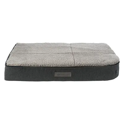 Vital Edition Hundebett mit grauem Stoffbezug und weicher, beiger Liegefläche aus Plüsch. Rechteckige Form mit Label auf der Seite.