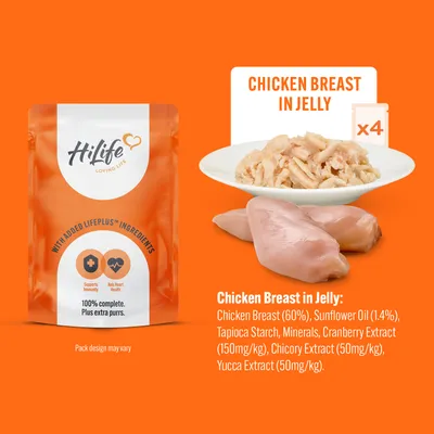 Chicken Breast in Jelly, pack of 4. Ingredients: chicken breast 60%, sunflower oil 1.4%, tapioca starch, minerals, cranberry extract 150mg/kg, chicory extract 50mg/kg, yucca extract 50mg/kg.