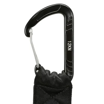 Black carabiner with the inscription '12KN', attached to a black fabric strap.