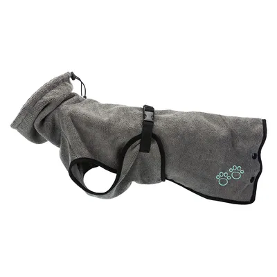 Manteau pour chien en tissu gris, fermeture à boucle noire, motif pattes turquoise sur le côté, capuche ajustable et bordures noires visibles.