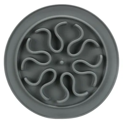 Round grey feeding bowl with wavy elevations to slow down eating speed.