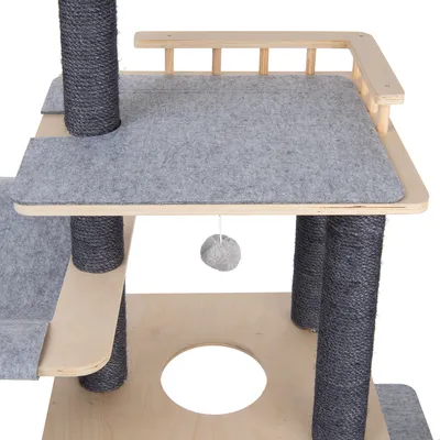 Cat tree made of wood with grey felt pads, sisal-wrapped posts and hanging play ball. Multiple levels and cut-out in the lower platform visible.