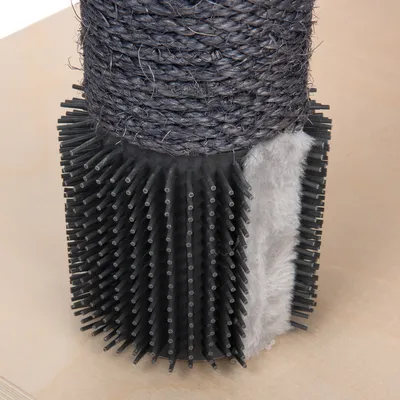 Scratching post with black sisal rope, brush attachment and grey plush material.