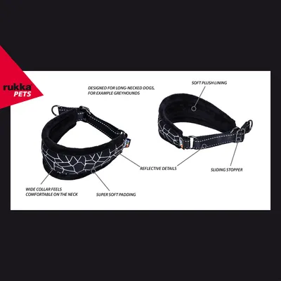 Rukka Pets Halsband mit weichem Plüschfutter, reflektierenden Details, breitem Kragen für Komfort, superweicher Polsterung und Schiebestopper. Entwickelt für langhalsige Hunde wie Windhunde.