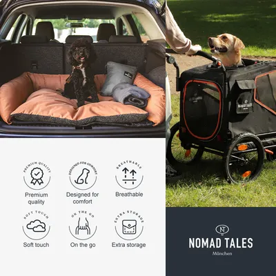 Cama acolchada para perros en maletero de coche, carrito negro Nomad Tales con perro, iconos: calidad premium, comodidad, transpirable, tacto suave, portátil, almacenamiento extra. Marca Nomad Tales.