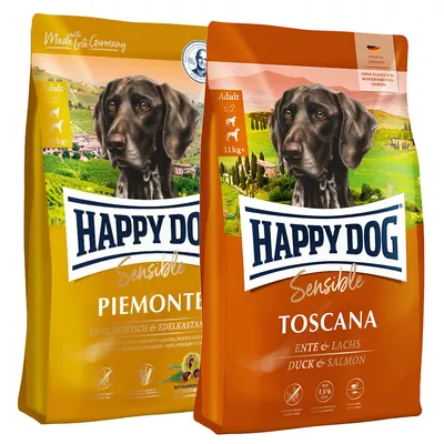 Happy Dog Sensible Piemonte mit Ente, Seefisch & Edelkastanie und Happy Dog Sensible Toscana mit Ente & Lachs. Made in Germany, ohne Zusatz von Konservierungsstoffen, für Hunde ab 11kg.