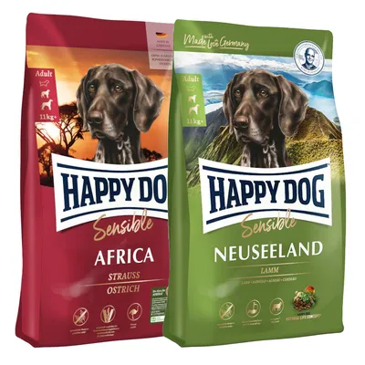 Happy Dog Sensible Trockenfutter für Hunde, Sorten Africa mit Strauß und Neuseeland mit Lamm, jeweils 11kg. Made in Germany, ohne Zusatz von Konservierungsstoffen.