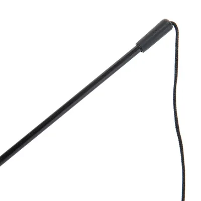 Bacchetta nera in plastica con cordino nero, parte di un gioco per gatti visibile nell'immagine.