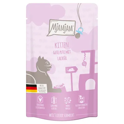 Mjamjam Kitten dobrá krůta s lososovým olejem. Nejvyšší kvalita z německé výroby, extra vysoký podíl masa, bez obilovin, monoprotein, kompletní krmivo pro koťata.
