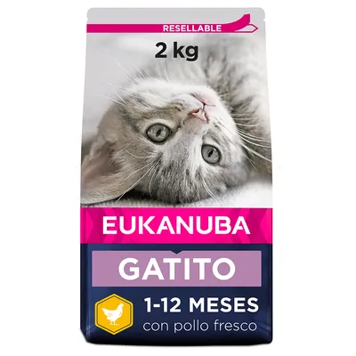 EUKANUBA GATITO, 2 kg, 1-12 meses, con pollo fresco. Envase resellable. Imagen de un gatito en el paquete.