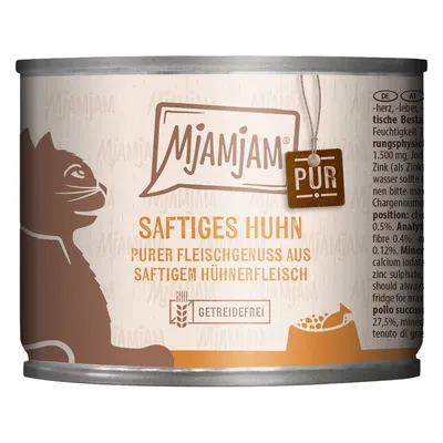 MjAMjAM Juicy Chicken. Pure meat enjoyment from juicy chicken meat. Grain-free. PUR label visible on the can.