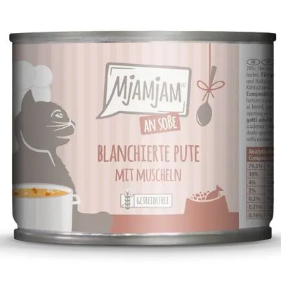 Mjamjam an Soße kattenvoer, blik met opschrift 'Blanchierte Pute mit Muscheln', graanvrij. Illustratie van kat en voerbak zichtbaar op het etiket.