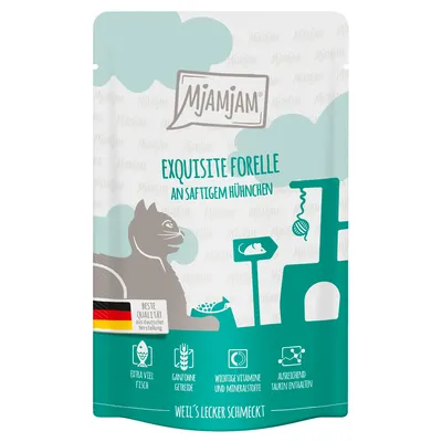Mjamjam Exquisite Forelle an saftigem Hühnchen, sachet pour chat. Texte allemand : Beste Qualität aus deutscher Herstellung, extra viel Fisch, sans céréales, vitamines et minéraux, taurine.
