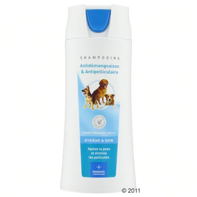 Shampoo bottle labelled for frequent use, 250ml, with anti-itch and anti-dandruff properties. Text states soothes skin and removes dandruff. Hygiene and care product.