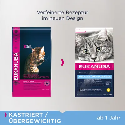 Două ambalaje hrană uscată pentru pisici Eukanuba Sterilised/Weight Control, vechi și nou. Text vizibil: 87% animal protein, 86% animal protein, KASTRIERT/ÜBERGEWICHTIG, ab 1 Jahr.