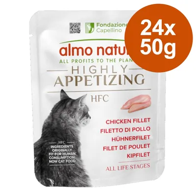almo nature HFC пилешко филе, 24x50g. Съставки, първоначално подходящи за човешка консумация, сега храна за котки. За всички възрасти.