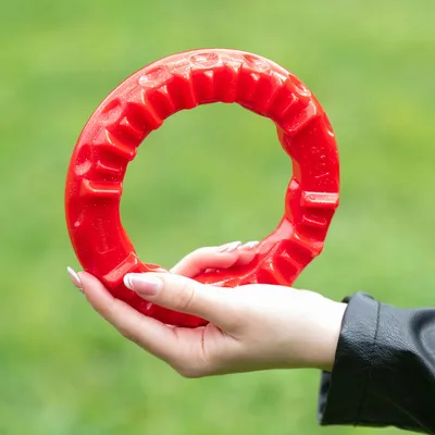 Red plastic play ring held by a hand against a green background.