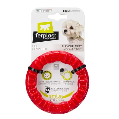 Ferplast Dog Dental Toy, flavour: meat. Can be filled with dry food, extra durable, supports dental hygiene. Size: Extra Small. Made in Italy.