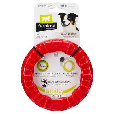 Ferplast dog toy Smile Medium, meat aroma, extra durable, can be filled with dry food, supports dental hygiene. Made in Italy.