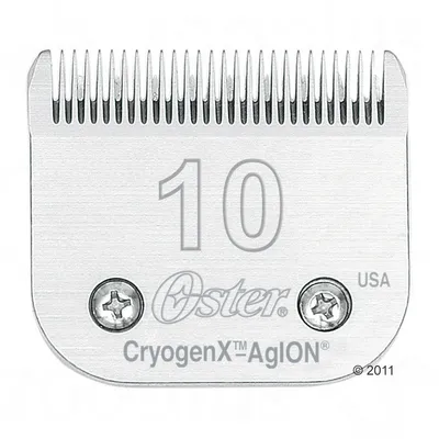 Oster clipper blade, size 10, CryogenX AgION, USA. Visible text: Oster, 10, CryogenX AgION, USA.