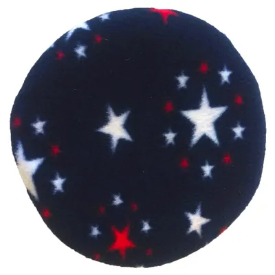 Palla rotonda da gioco in tessuto morbido con motivo a stelle bianco, rosso e blu.
