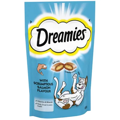 Dreamies with scrumptious salmon flavour, soft inside and crunchy outside, contains vitamins and minerals, only 2 kcal in every treat. 60g pack.