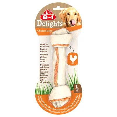 8in1 Delights Chicken Bone. Okusna piščančja prsa v notranjosti. Dolgotrajno žvečenje. Velikost L, primerno za pse nad 25 kg.