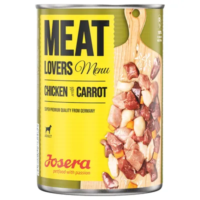 Josera Meat Lovers Menu Kuřecí s mrkví, Super Premium kvalita z Německa, Adult, 100% klimaticky neutrální. Konzerva s kousky masa a mrkve zobrazená.