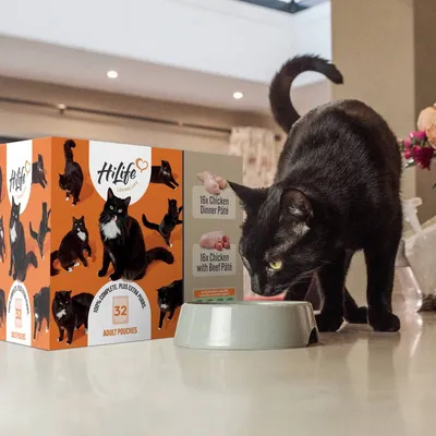 Box showing 32 adult pouches with 16 chicken dinner pâté and 16 chicken with beef pâté, next to a black cat eating from a bowl.