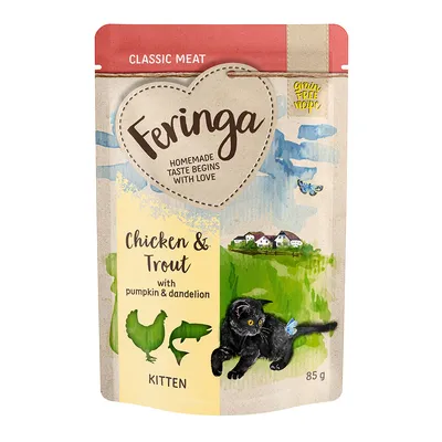 Feringa Classic Meat, Chicken & Trout with pumpkin and dandelion, kitten, 85g. Grain free recipe, homemade taste with love.