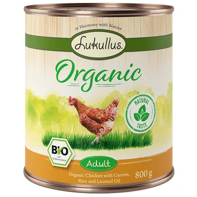 Boîte Lukullus Organic Adult 800 g, poulet bio avec carottes, riz et huile de lin. Labels visibles : Natural Taste, BIO nach EG-Öko-Verordnung.