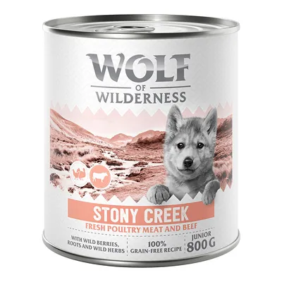 Wolf of Wilderness Stony Creek Junior, frisches Geflügel und Rindfleisch, mit Wildbeeren, Wurzeln und Kräutern, 100% getreidefreie Rezeptur, 800g Dose.
