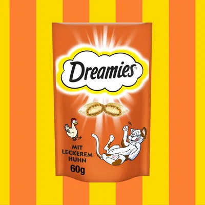 Dreamies Katzensnack mit leckerem Huhn, 60g. Verpackung zeigt eine spielende Katze und ein Huhn.